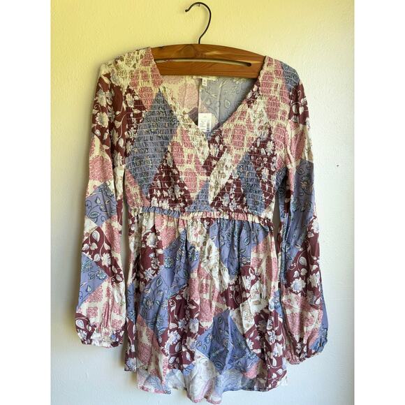Maurices Womens Patchwork Peplum Top Long Sleeve V-Neck Smocked Multicolor Sz XS - Picture 1 of 4